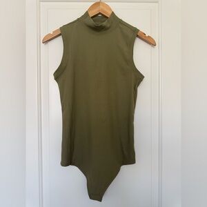 SPANX Ribbed Mock Neck Sleeveless Thong Bodysuit Army Green Small